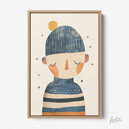 quadro com ilustração de personagem usando gorro e suéter listrado em moldura de madeira clara