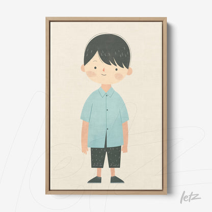 quadro em canvas com ilustração infantil de menino sorridente usando camisa azul clara e calças pretas, moldura de madeira clara
