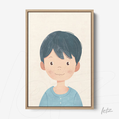 quadro com ilustração infantil de menino sorridente com cabelo curto e azul, em moldura de madeira clara