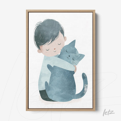 quadro com ilustração suave de menino abraçando um gato cinza em moldura de madeira clara