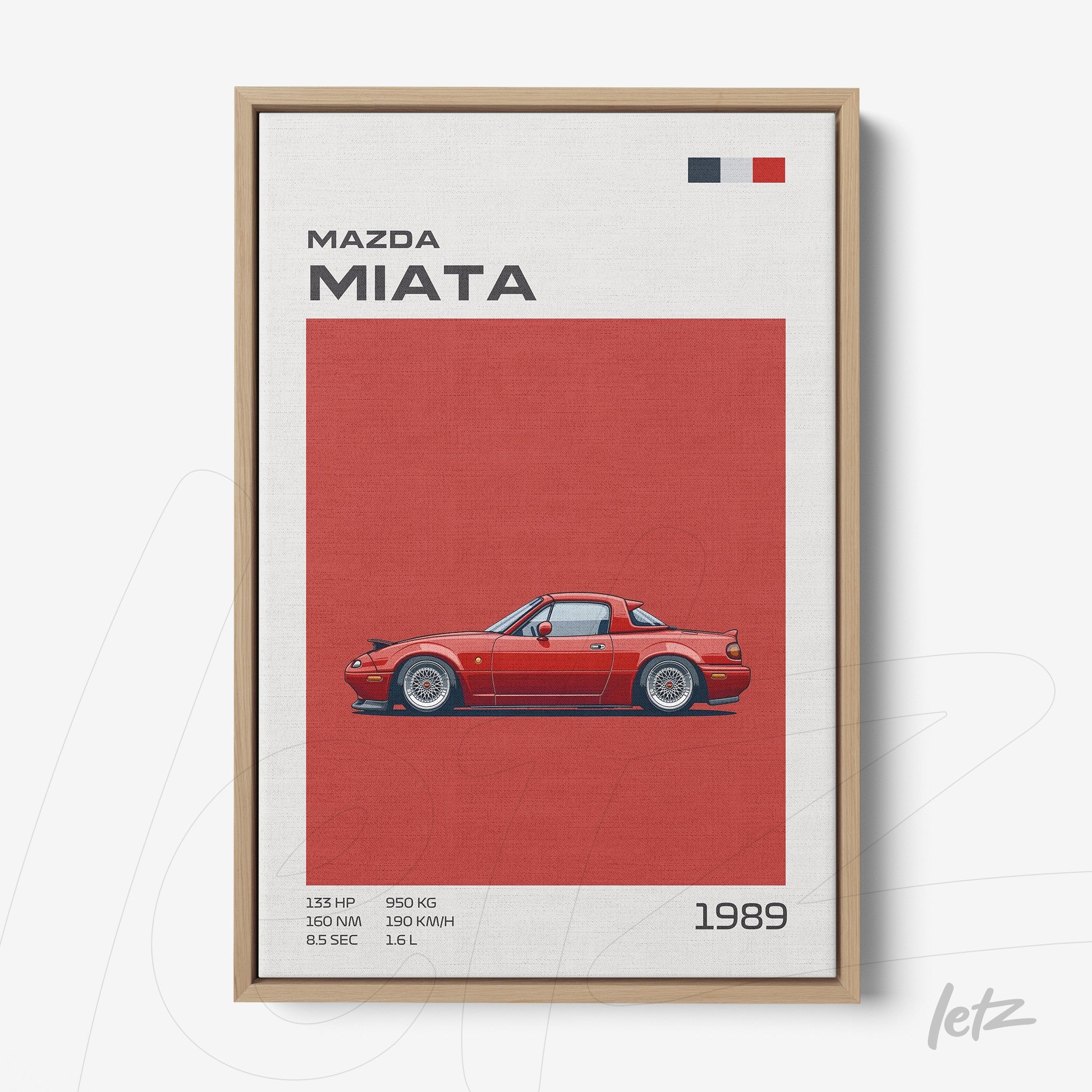 quadro com arte minimalista do carro Mazda Miata em fundo vermelho com detalhes de informação em estilo retro