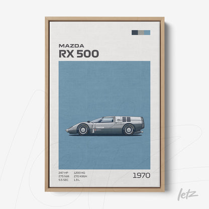 quadro com ilustração do carro Mazda RX 500 em fundo azul com detalhes em cinza e moldura de madeira clara