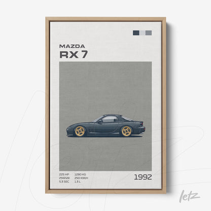 quadro com ilustração do carro Mazda RX-7 em moldura de madeira clara