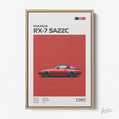 quadro com arte gráfica do carro Mazda RX-7 SA22C em moldura de madeira clara sobre fundo vermelho