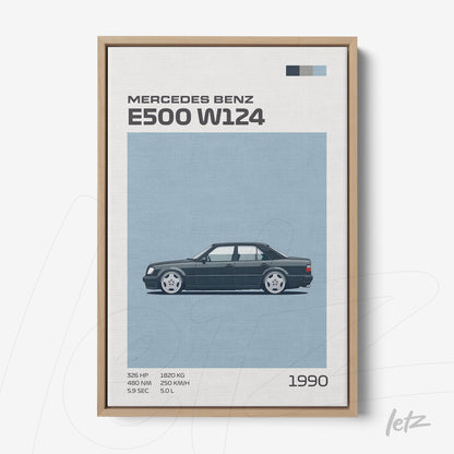 quadro em moldura de madeira clara apresentando ilustração do carro Mercedes Benz E500 W124 com fundo azul e detalhes gráficos