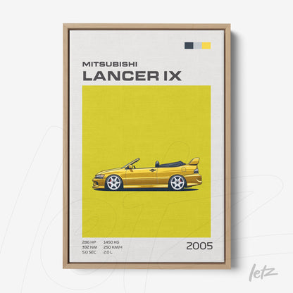 quadro com ilustração do carro Mitsubishi Lancer IX em fundo amarelo vibrante e moldura de madeira clara