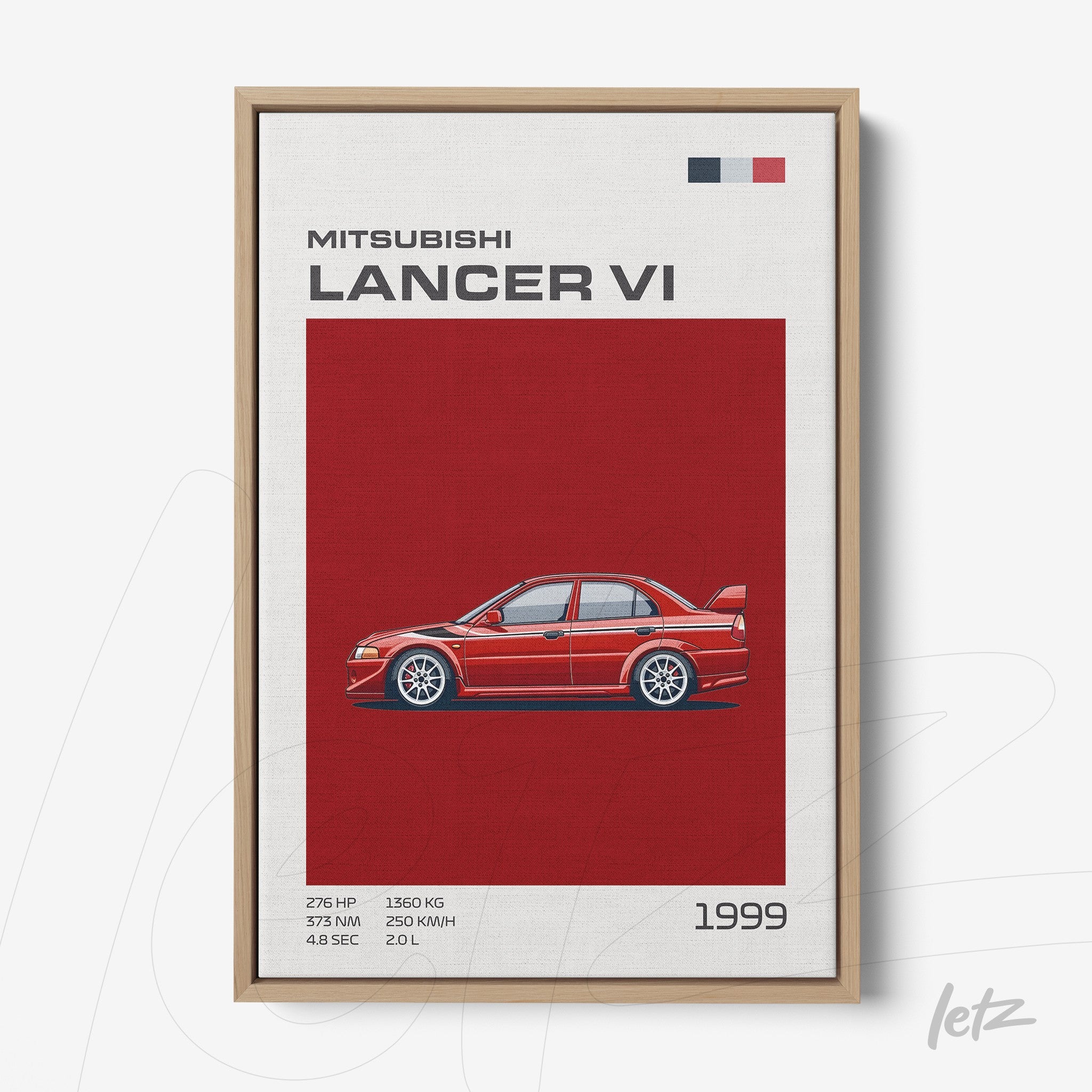 quadro com arte digital do carro Mitsubishi Lancer VI em moldura de madeira clara com fundo vermelho