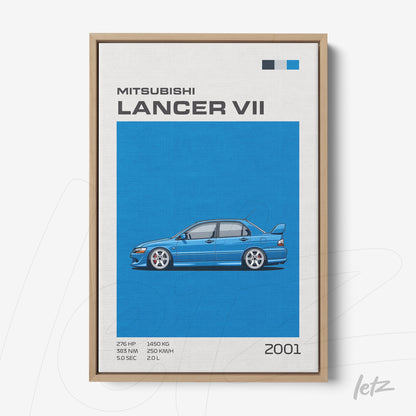 quadro com arte gráfica de um Mitsubishi Lancer VII em fundo azul, moldura de madeira clara