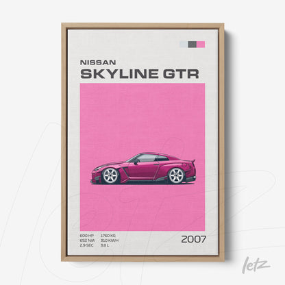 quadro com arte digital do carro esportivo Nissan Skyline GTR em fundo pink com detalhes em texto