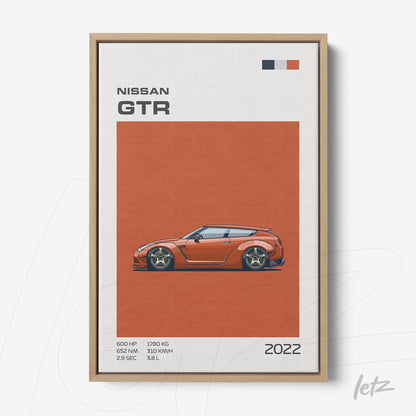 quadro com arte gráfica do carro Nissan GTR em fundo laranja e moldura de madeira clara