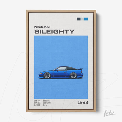 quadro com arte digital do carro Nissan Sil80 em fundo azul, moldura de madeira clara