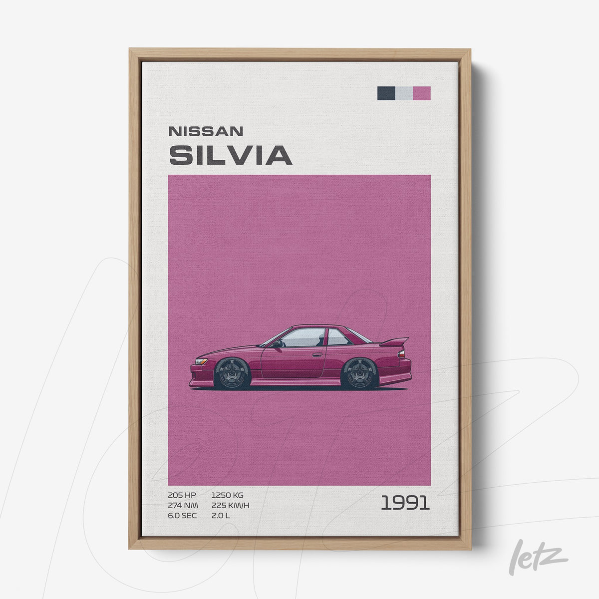 quadro com ilustração do carro Nissan Silvia 1991 em fundo rosa, dentro de moldura de madeira clara