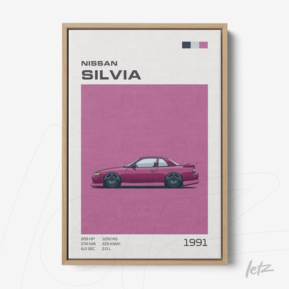 quadro com ilustração do carro Nissan Silvia 1991 em fundo rosa, dentro de moldura de madeira clara