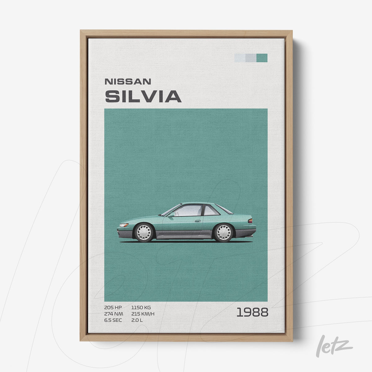 quadro com ilustração de carro Nissan Silvia em fundo verde mint e moldura de madeira clara