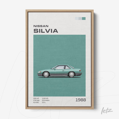 quadro com ilustração de carro Nissan Silvia em fundo verde mint e moldura de madeira clara