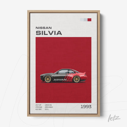 quadro decorativo de carro Nissan Silvia em fundo vermelho com moldura de madeira clara