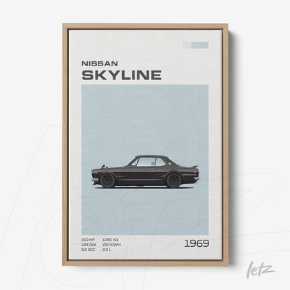 quadro com arte digital do carro Nissan Skyline de 1969 em moldura de madeira clara