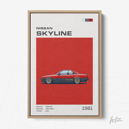 quadro com arte digital do carro Nissan Skyline de 1981 em fundo vermelho com moldura de madeira clara