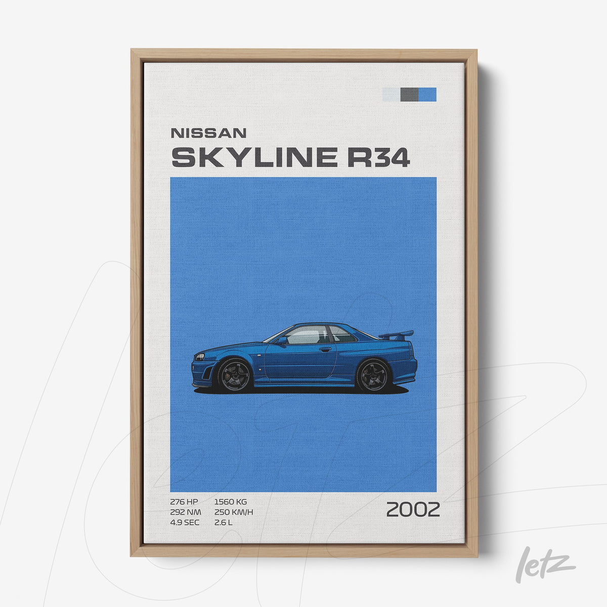 quadro com ilustração do carro Nissan Skyline R34 em moldura de madeira clara