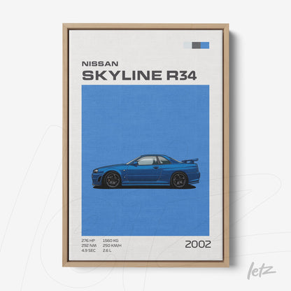 quadro com ilustração do carro Nissan Skyline R34 em moldura de madeira clara