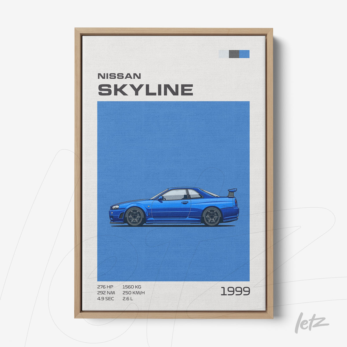quadro em canvas com ilustração do carro Nissan Skyline 1999 em fundo azul e moldura de madeira clara