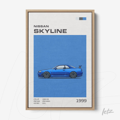 quadro em canvas com ilustração do carro Nissan Skyline 1999 em fundo azul e moldura de madeira clara