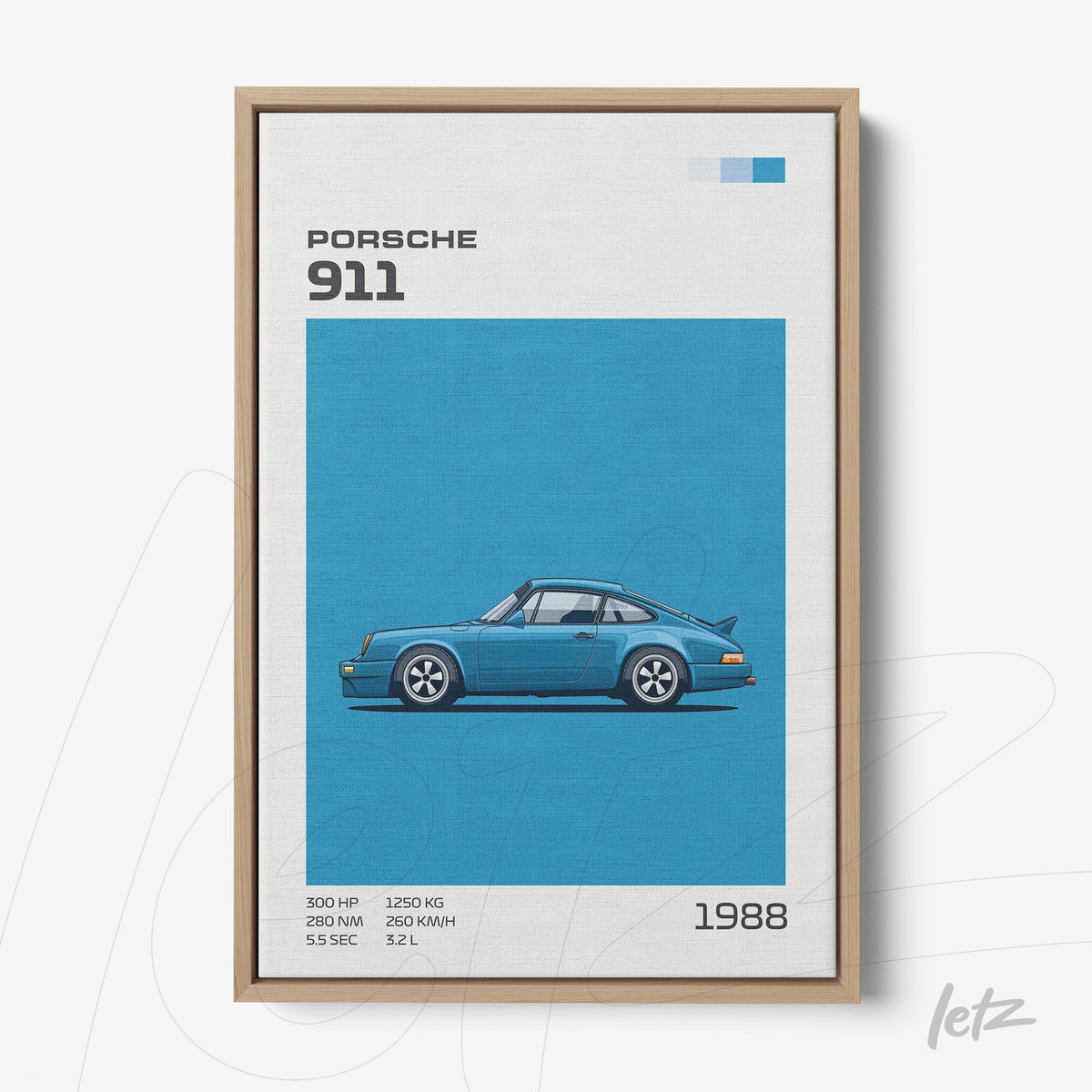 quadro com arte digital do carro Porsche 911 em fundo azul com moldura de madeira clara