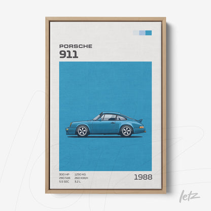 quadro com arte digital do carro Porsche 911 em fundo azul com moldura de madeira clara