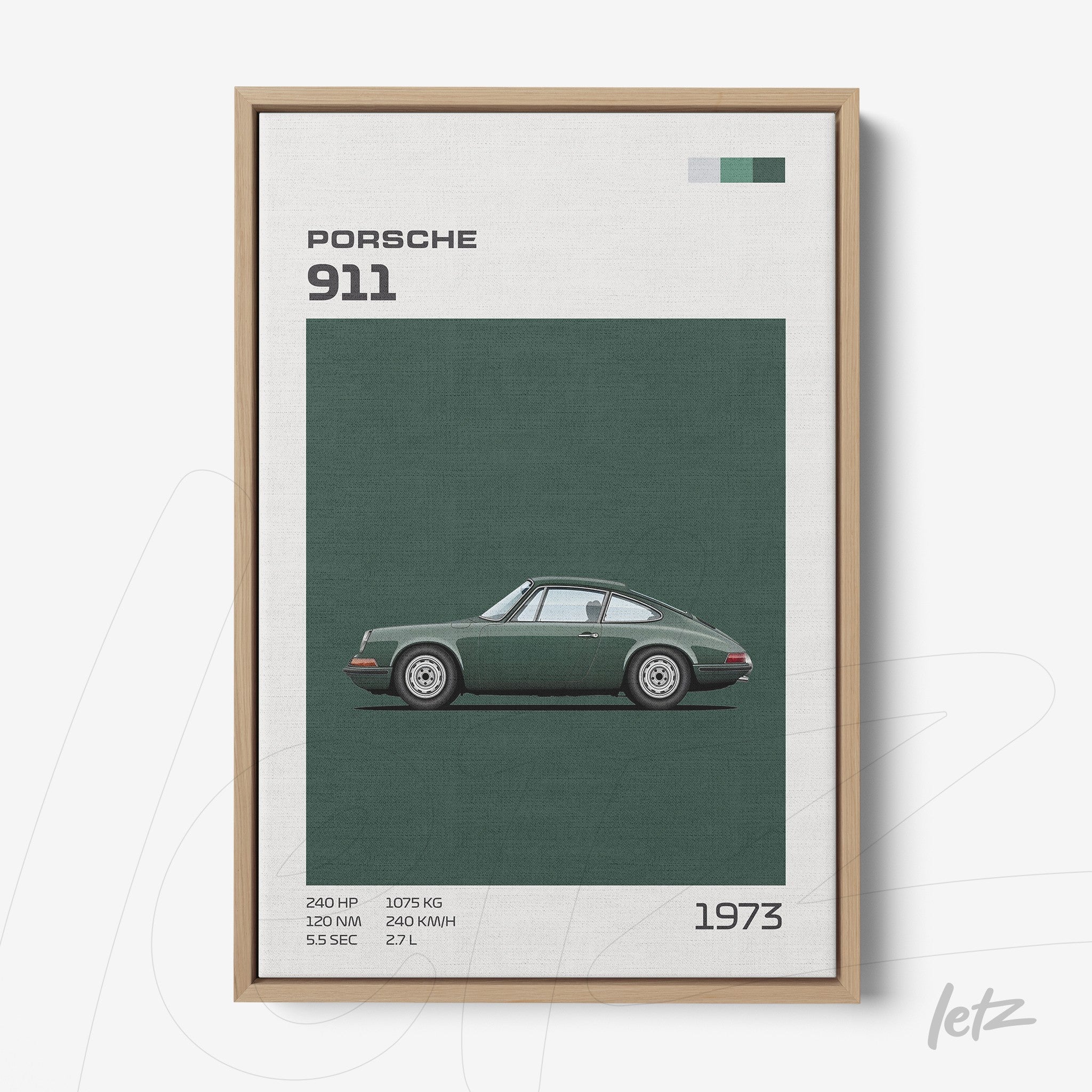 quadro com arte digital de um carro Porsche 911 na cor verde, com moldura de madeira clara e detalhes informativos na parte inferior
