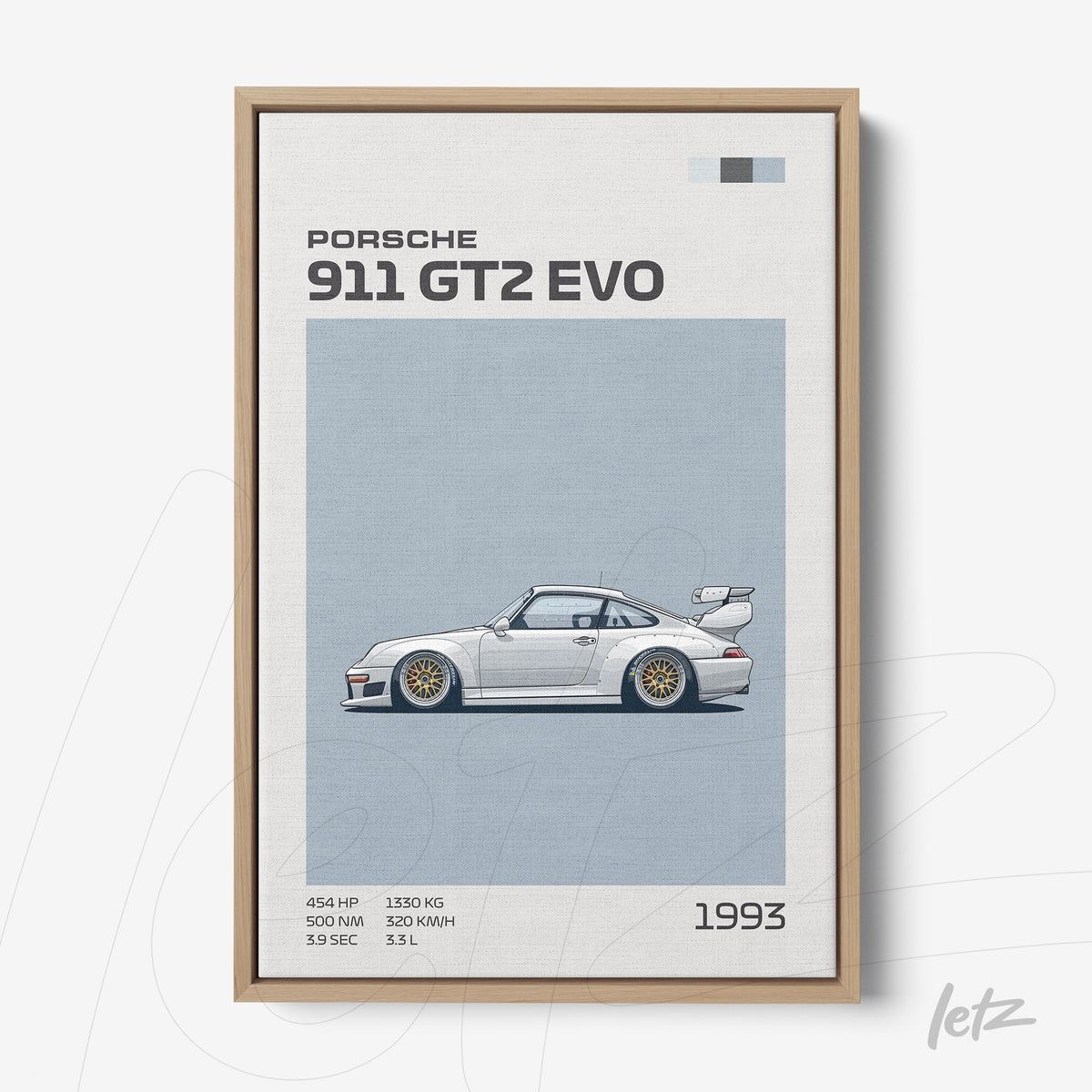 quadro com ilustração digital do Porsche 911 GT2 EVO de 1993 em moldura de madeira clara