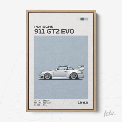 quadro com ilustração digital do Porsche 911 GT2 EVO de 1993 em moldura de madeira clara