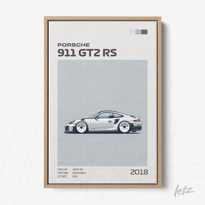 quadro com arte minimalista do carro Porsche 911 GT2 RS em moldura de madeira clara