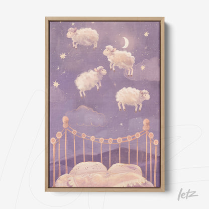 quadro com ilustração de ovelhas flutuando sobre uma cama em um céu estrelado com fundo roxo e moldura de madeira clara