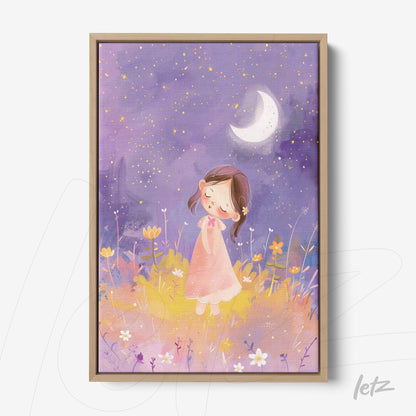 quadro com arte infantil de uma menina em um campo de flores sob a luz da lua em um fundo roxo