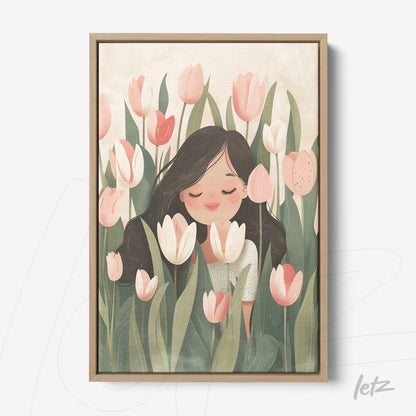 quadro com ilustração em tons pastéis de uma mulher sorrindo cercada por flores de tulipa em moldura de madeira clara