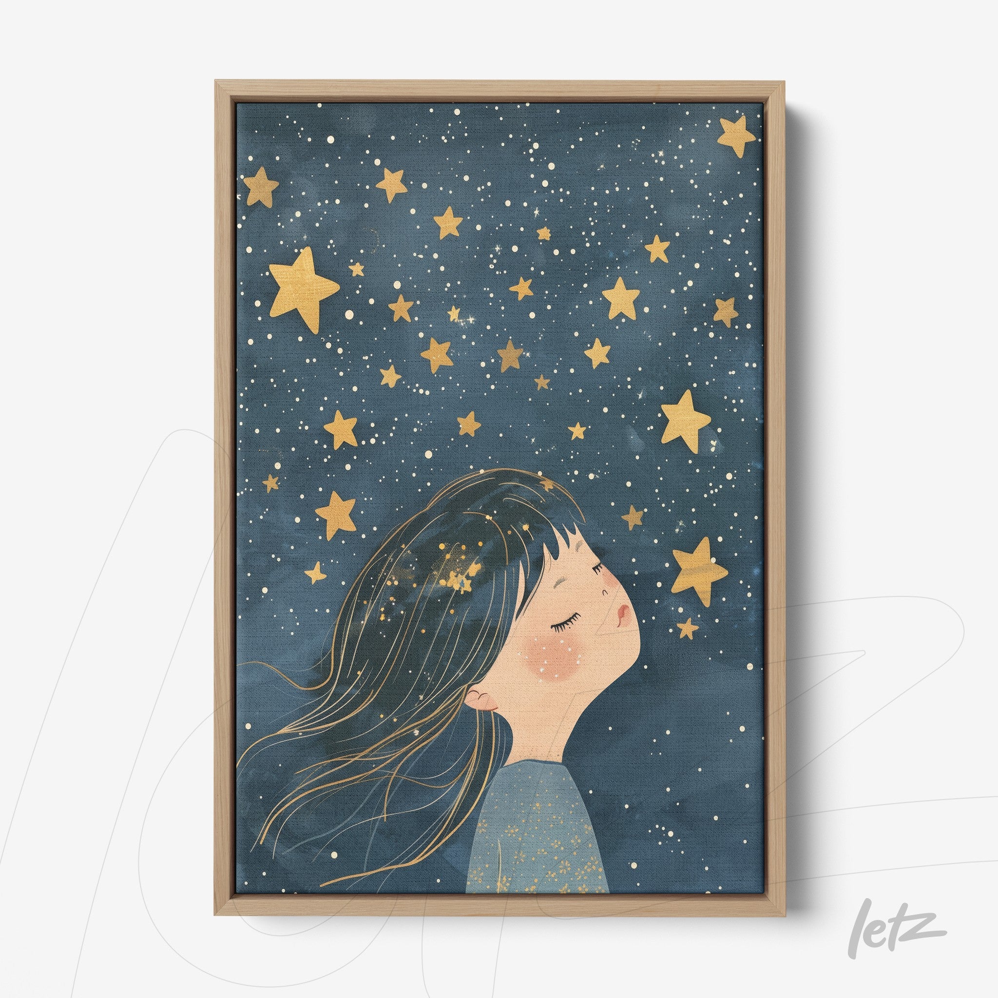 quadro com ilustração infantil de menina sonhando sob um céu estrelado emoldurado com madeira clara
