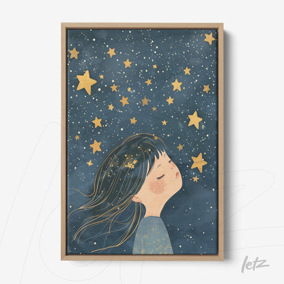 quadro com ilustração infantil de menina sonhando sob um céu estrelado emoldurado com madeira clara