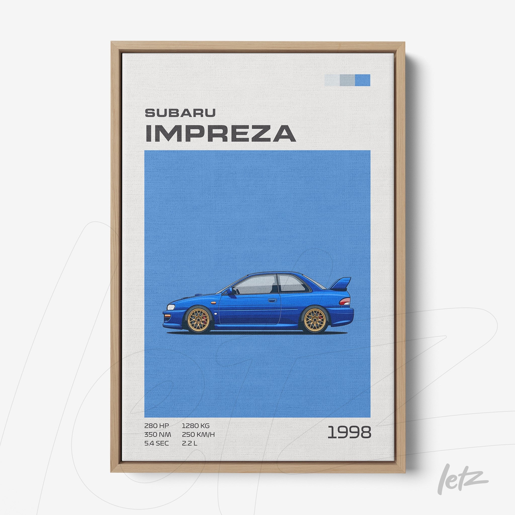 quadro com arte digital de um carro Subaru Impreza azul de 1998 em moldura de madeira clara