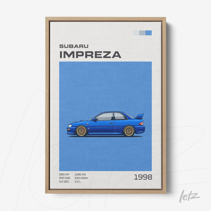 quadro com arte digital de um carro Subaru Impreza azul de 1998 em moldura de madeira clara