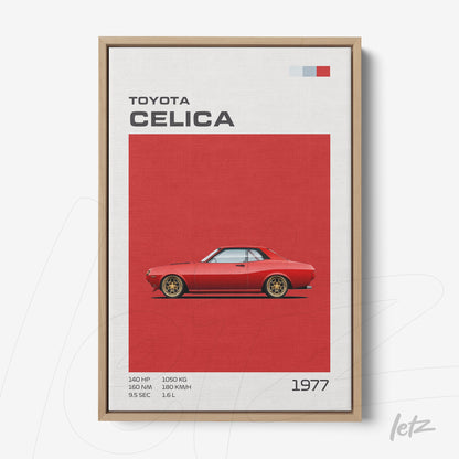 quadro com ilustração minimalista de um carro Toyota Celica 1977 em fundo vermelho, moldura de madeira clara