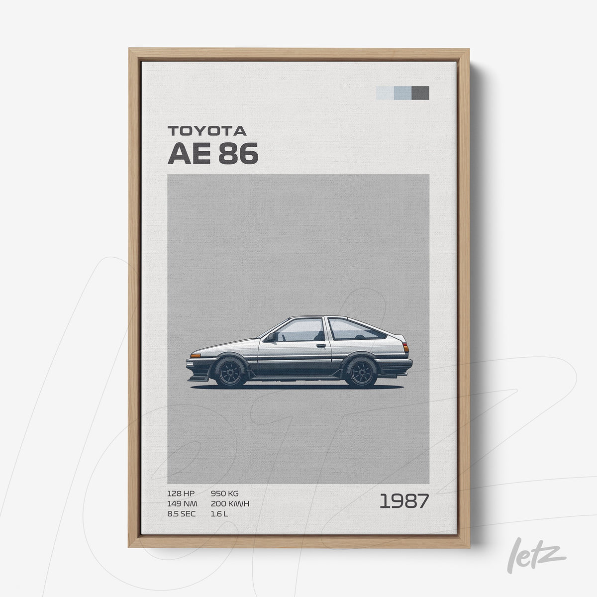 quadro com arte digital do Toyota AE 86 em moldura de madeira clara