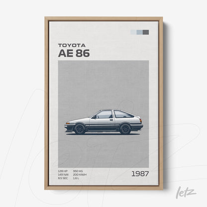 quadro com arte digital do Toyota AE 86 em moldura de madeira clara