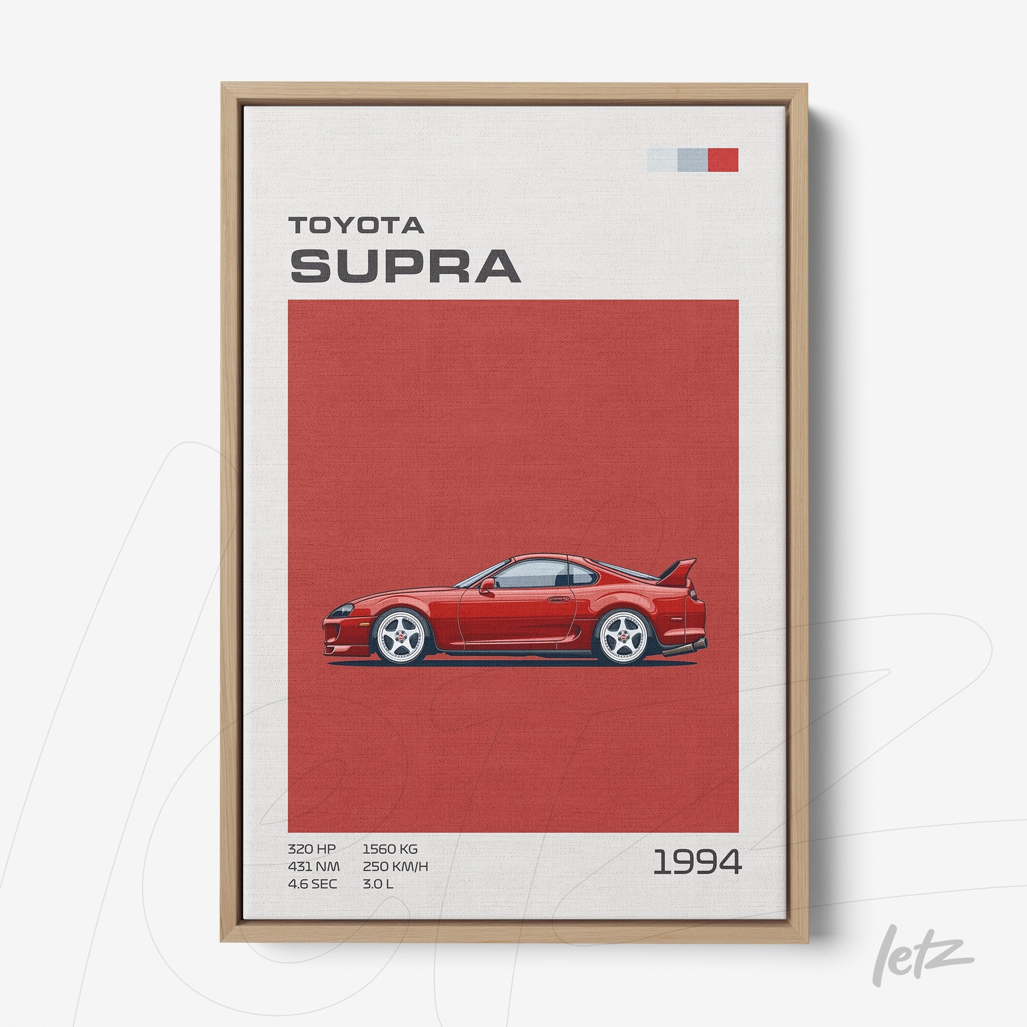 quadro com ilustração do carro Toyota Supra de 1994 em detalhes vermelhos sobre fundo claro e moldura de madeira clara