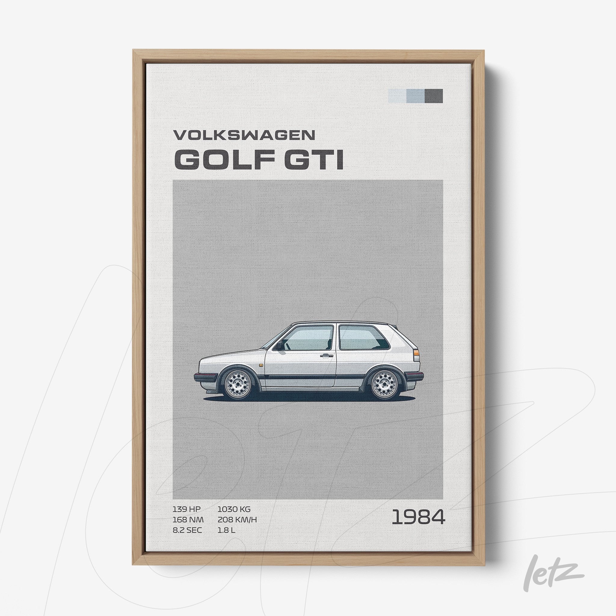 quadro com ilustração minimalista do Volkswagen Golf GTI de 1984 em moldura de madeira clara