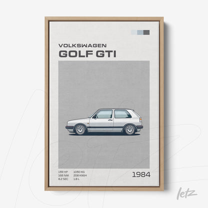 quadro com ilustração minimalista do Volkswagen Golf GTI de 1984 em moldura de madeira clara