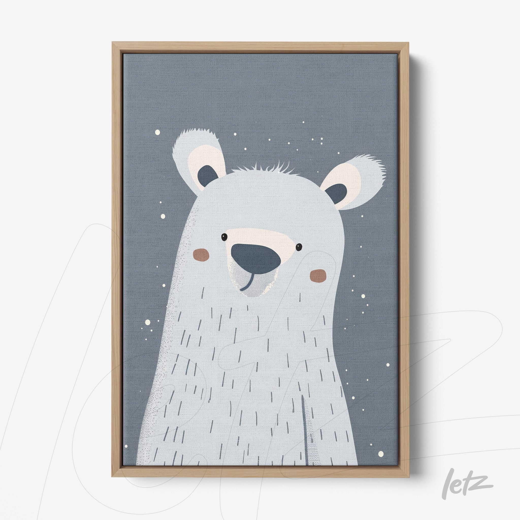 quadro com ilustração de urso polar sorridente em fundo cinza azulado com moldura de madeira clara