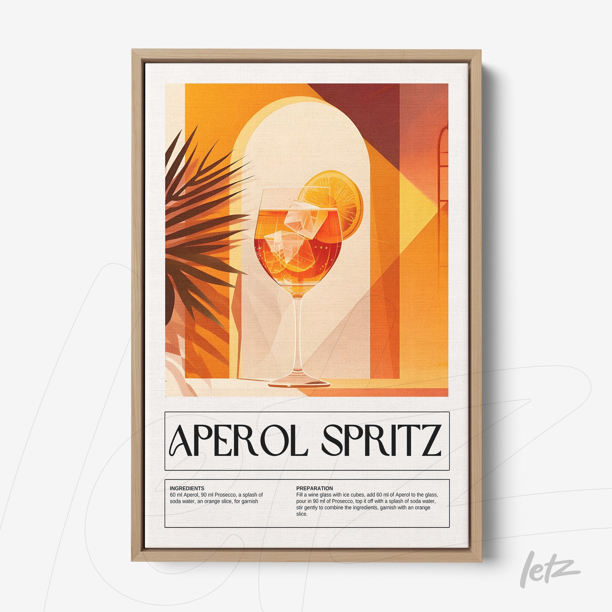 quadro com arte vintage de drink Aperol Spritz em moldura clara com fundo laranja e amarelo