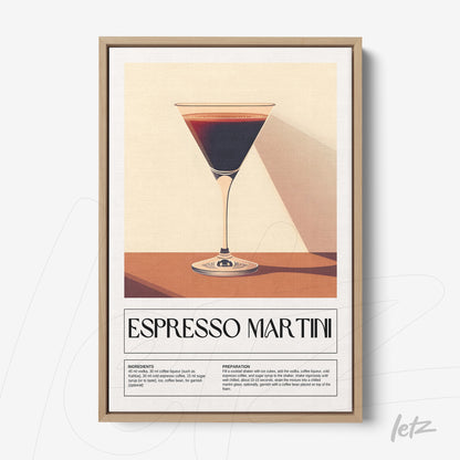 quadro com arte estilizada de um drink espresso martini em moldura de madeira clara