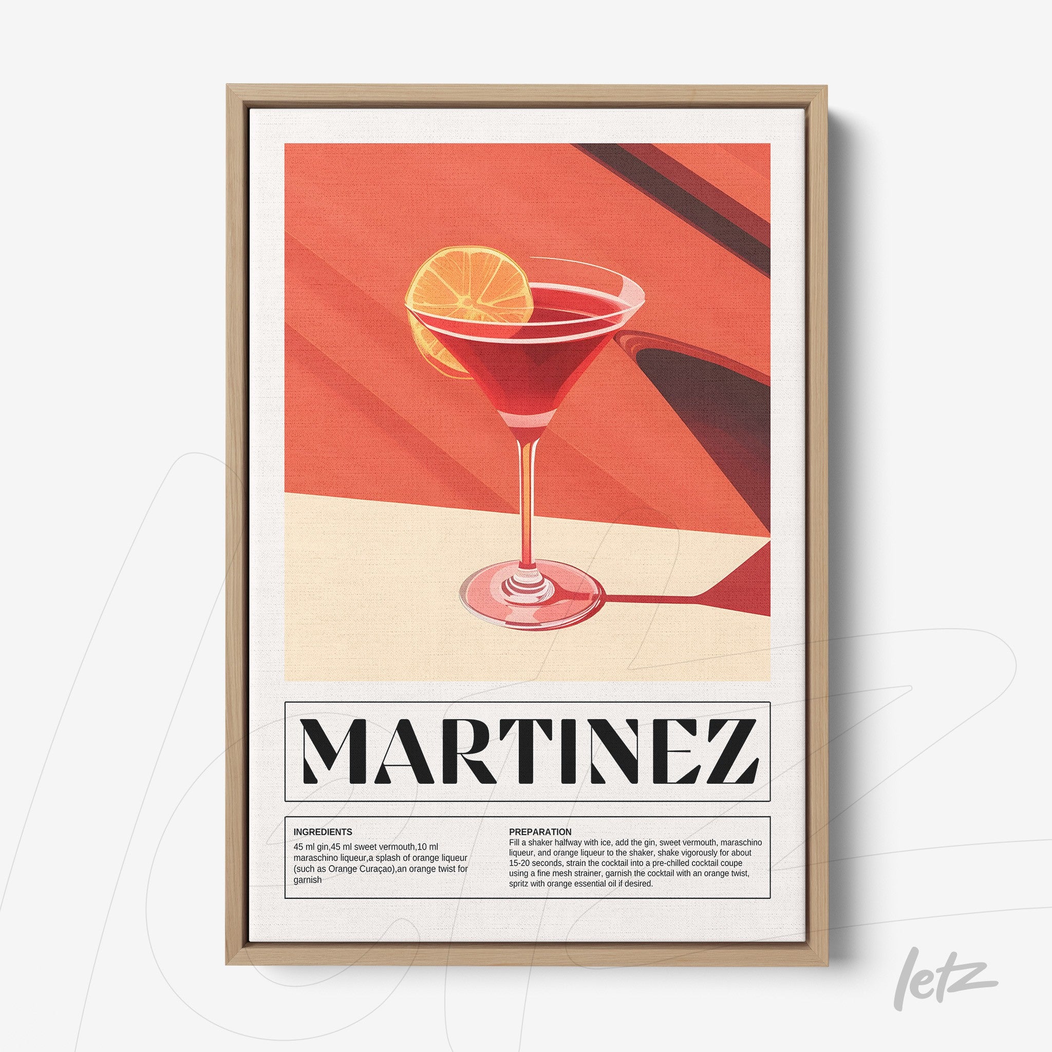 quadro com arte gráfica do drink martinez em moldura de madeira clara