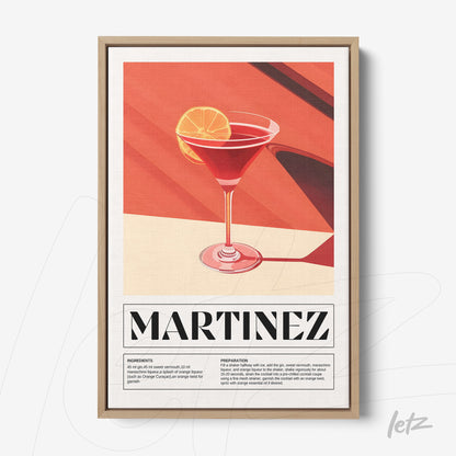 quadro com arte gráfica do drink martinez em moldura de madeira clara